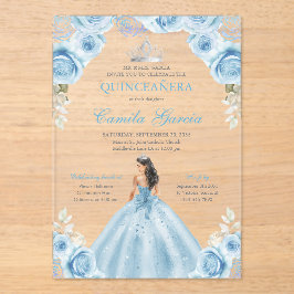 Light Blue & Silver Floral Princess Quinceañera アクリル招待状