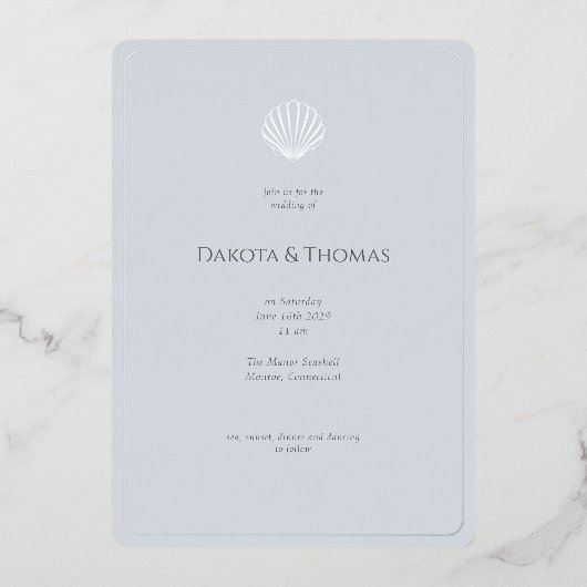 Light Blue Silver Seashell Wedding invitation 箔招待状 (正面)