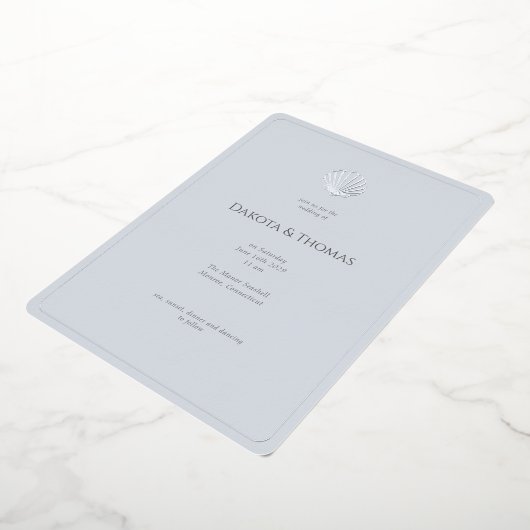 Light Blue Silver Seashell Wedding invitation 箔招待状 (回転した状態)