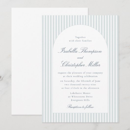 Light Blue Striped Arch Wedding Invitation 招待状 (正面/裏面)