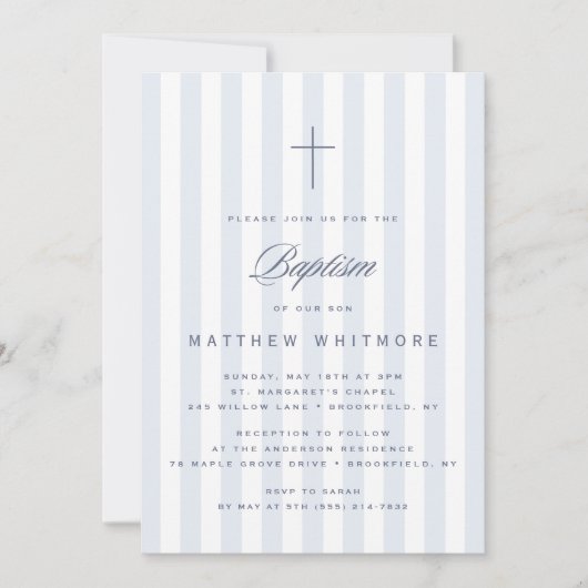 Light Blue Striped Boy Baptism Invitation 招待状 (正面)