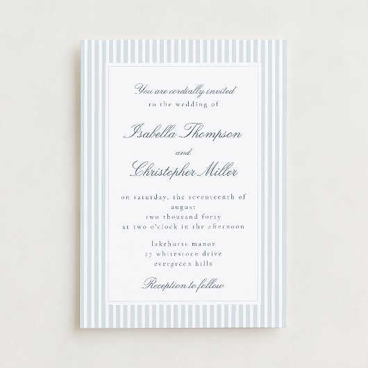 Light Blue Striped Modern Script Wedding Invitatio 招待状