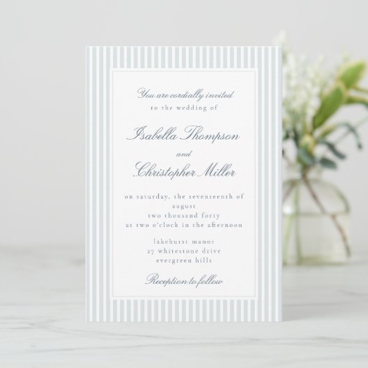Light Blue Striped Modern Script Wedding Invitatio 招待状 (スタンド正面)