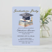 Light Blue Watercolor Books Cap Graduation Party 招待状 (スタンド正面)
