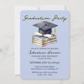 Light Blue Watercolor Books Cap Graduation Party 招待状 (正面)
