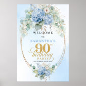 Light Blue Watercolor Floral 90th birthday welcome ポスター (正面)