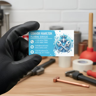 Light Blue White Watercolor Plumbing Logo 名刺