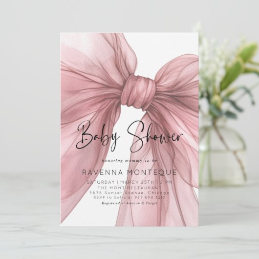 Light Blush Bow Clean Personalized Baby Shower  招待状 (スタンド正面)
