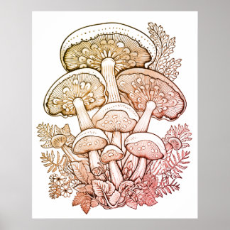 Light Brown Mushrooms on White Background on Wall ポスター