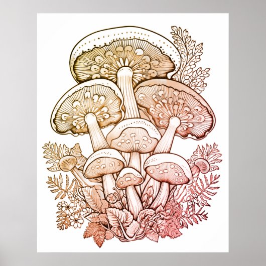 Light Brown Mushrooms on White Background on Wall ポスター (正面)