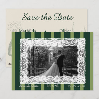 Light&Dark Green Vintage Lace Stripe Invitation 招待状