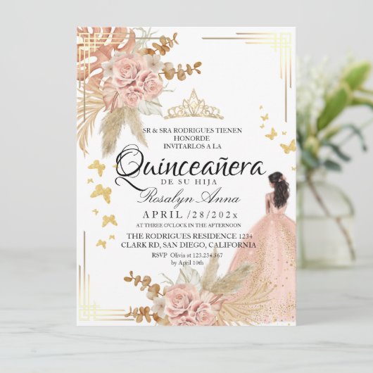  Light Dusty Pink Gold Butterfly Quinceañera 招待状 (スタンド正面)