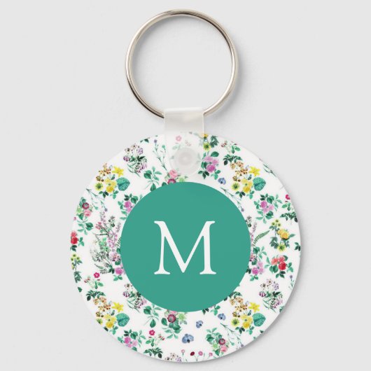 Light Floral Pattern Teal Monogram キーホルダー (正面)