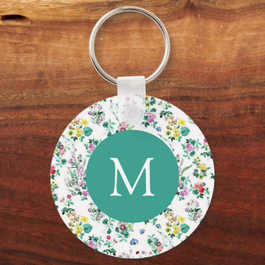 Light Floral Pattern Teal Monogram キーホルダー (正面)