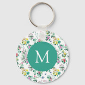 Light Floral Pattern Teal Monogram キーホルダー (裏面)