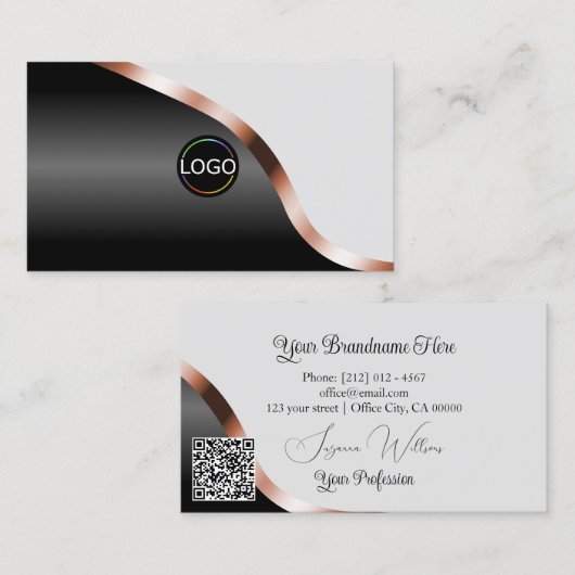 Light Gray Black Wavy Rose Gold Decor Logo QR Code 名刺 (正面/裏面)