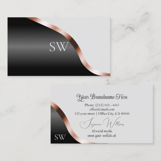 Light Gray Black Wavy Rose Gold Decor Monogrammed 名刺 (正面/裏面)