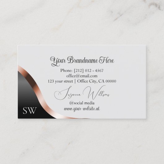 Light Gray Black Wavy Rose Gold Decor Monogrammed 名刺 (裏面)