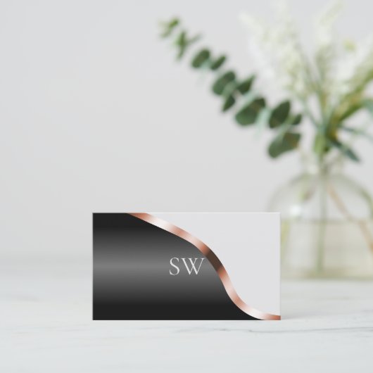 Light Gray Black Wavy Rose Gold Decor Monogrammed 名刺 (スタンド正面)