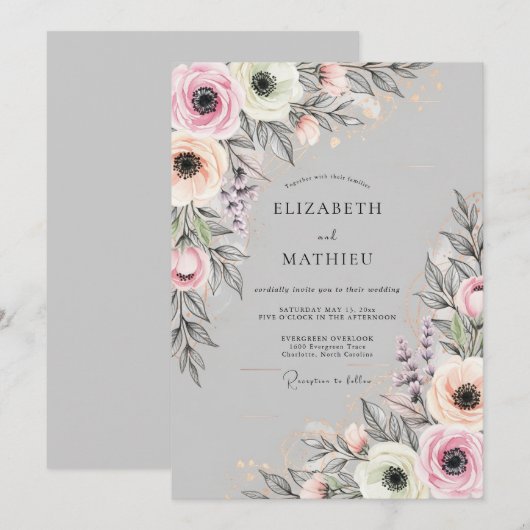 Light Gray Delicate Spring Wedding 招待状 (正面/裏面)