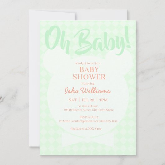 Light Green Bear bow tie Oh Baby Shower Invitation 招待状 (正面)
