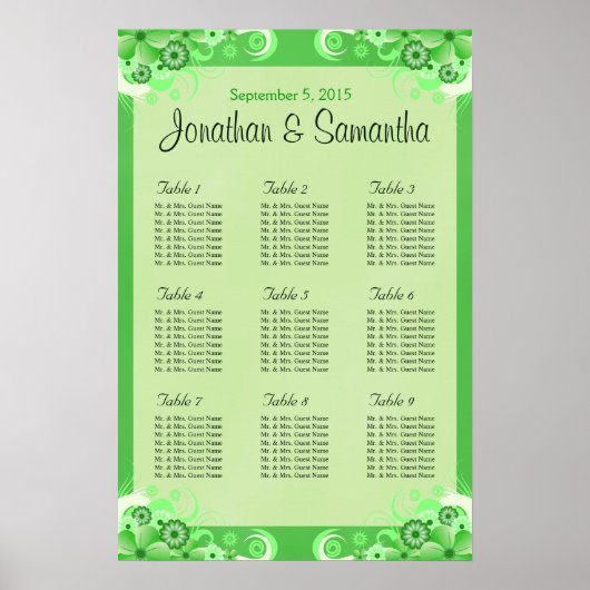 Light Green Floral Wedding Table Seating Chart ポスター (正面)