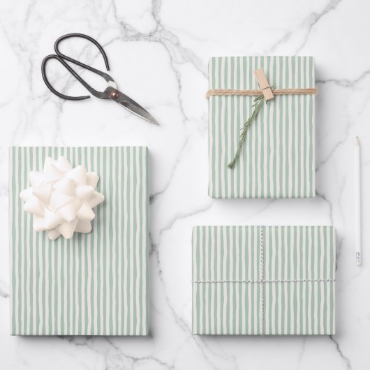 Light Green & Ivory Wonky Stripes ラッピングペーパーシート (正面)