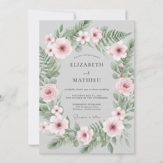 Light Grey Soft Botanical Winter Wedding 招待状 (正面)