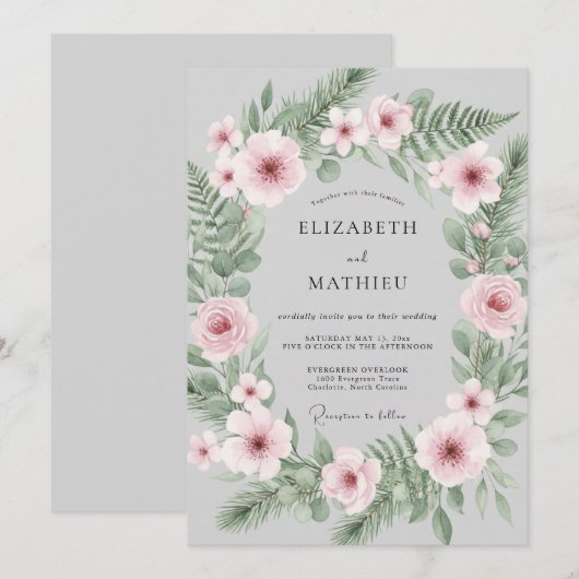 Light Grey Soft Botanical Winter Wedding 招待状 (正面/裏面)