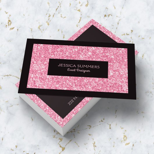 Light Hot Pink Glitter Print Black Accent Business 名刺