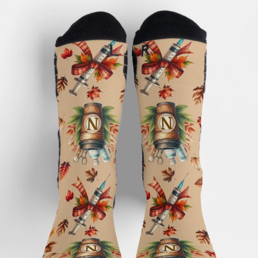 Light Mocha Monogram Nurse Essentials Crew Socks ソックス (上部)