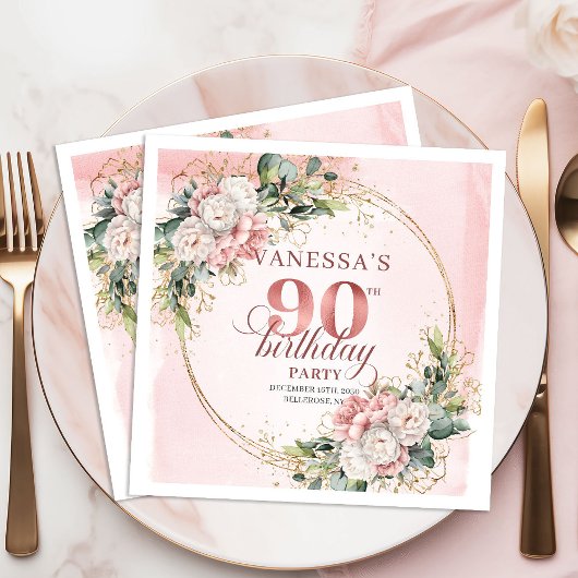 Light Pink Bohemian Floral 90th Birthday Party スタンダードカクテルナプキン