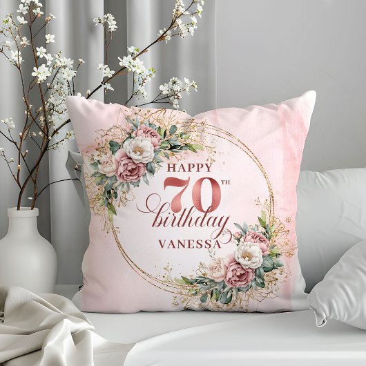 Light Pink Boho Pillow with Greenery 70th Birthday クッション