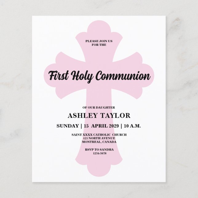 Light Pink Cross First Holy Communion Invitation (正面)