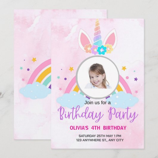 Light Pink Cute Unicorn Stars 4TH Birthday 招待状 (正面/裏面)