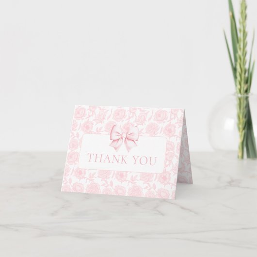 Light Pink Floral Bow Baby Girl Shower Foldable サンキューカード (正面)