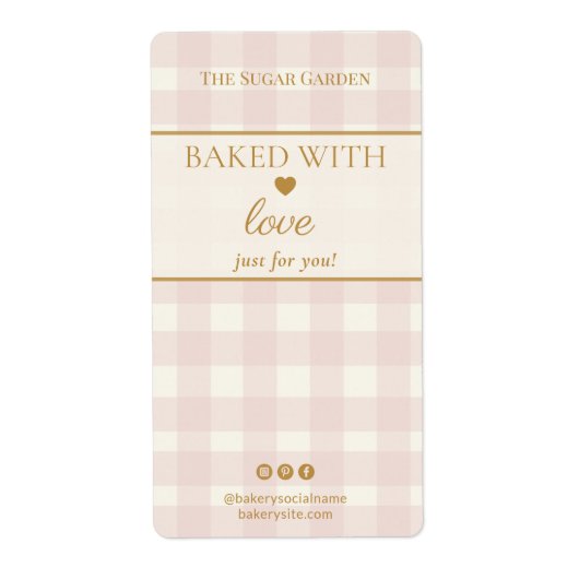Light Pink Gingham Baked With Love Bakery Box  ラベル (正面)