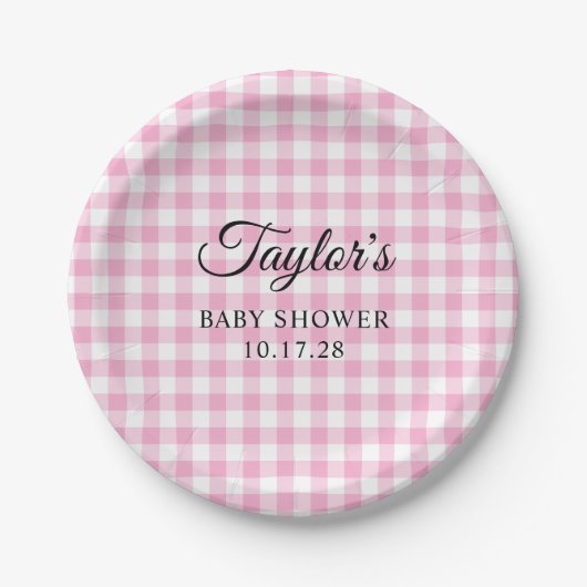 Light Pink Gingham Plaid Baby Shower ペーパープレート (正面)