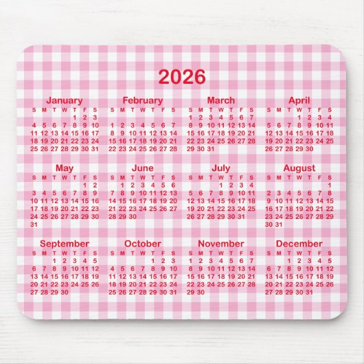 Light Pink Gingham Plaid Red 2026 Calendar マウスパッド (正面)