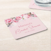 Light Pink Roses Floral スクエアペーパーコースター (アングル)