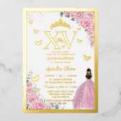 Light Pink Roses Floral Quinceanera Mis XV Gold 箔招待状 (正面)