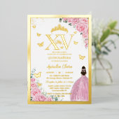 Light Pink Roses Floral Quinceanera Mis XV Gold 箔招待状 (立ち正面)