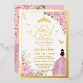 Light Pink Roses Floral Quinceanera Mis XV Gold 箔招待状