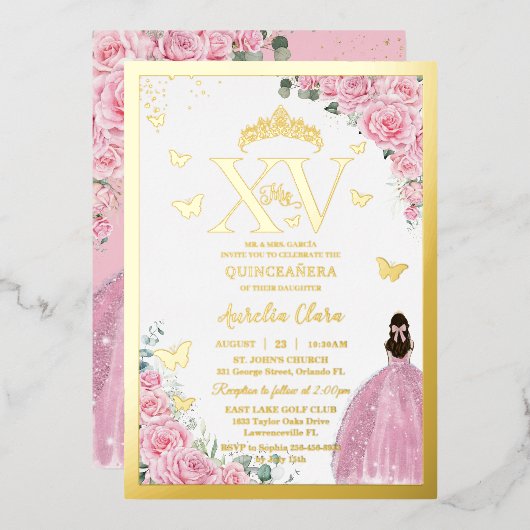 Light Pink Roses Floral Quinceanera Mis XV Gold 箔招待状 (正面/裏面)
