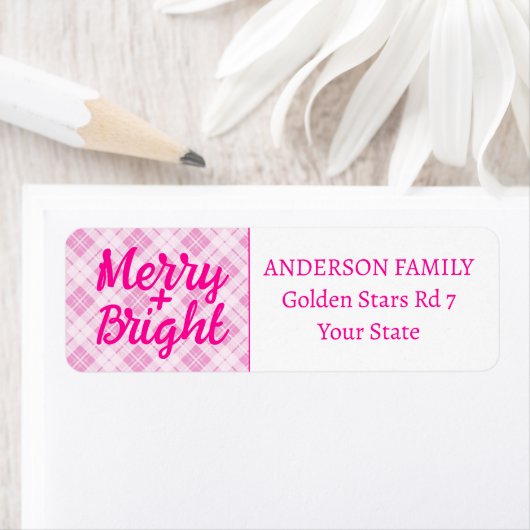 Light pink tartan Merry Bright Christmas holidays ラベル (インサイチュ)