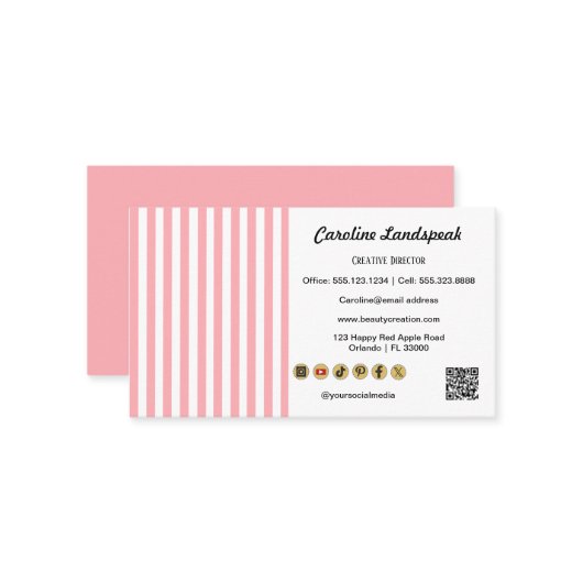 Light Pink White Stripes QR Code Social Media Icon 名刺 (正面/裏面インサイチュ)