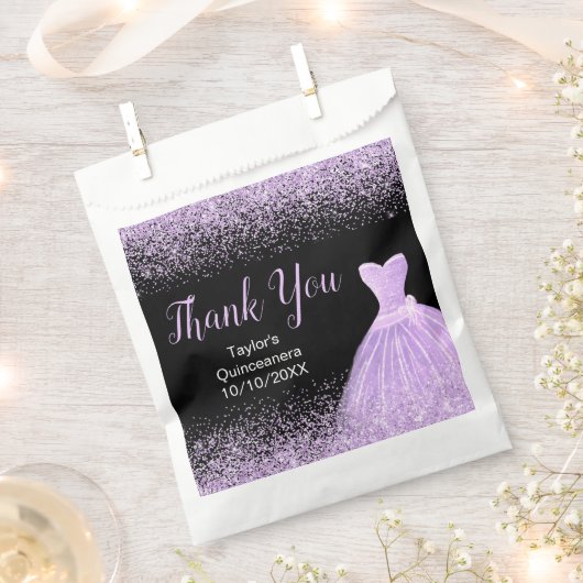 Light Purple Dress Faux Glitter Quinceanera フェイバーバッグ (クリップ留めされた状態)