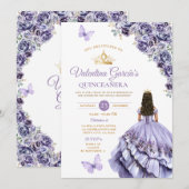 Light Purple Dress Quinceañera 15 Anos Floral Gold 招待状 (正面/裏面)