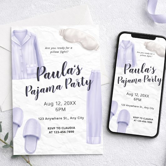 Light Purple Girls Sleepover Pajama Party 招待状