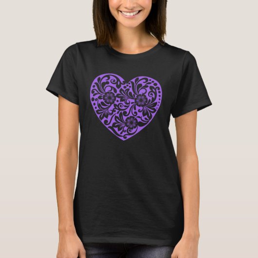 Light Purple Heart with Flowers Cut Out Cute Valen Tシャツ (正面)